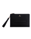 Black leather pouch with gold-tone logo and wrist strap