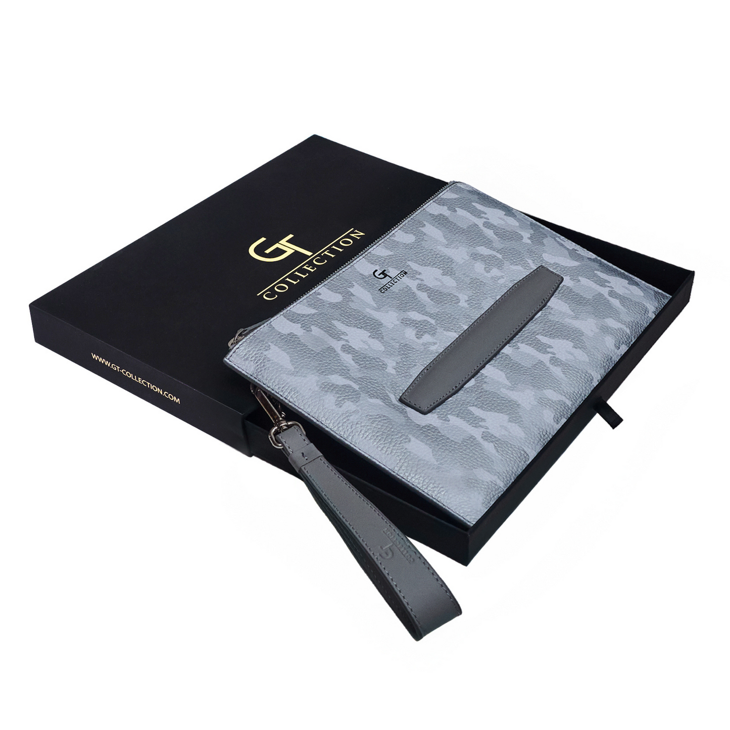 Bolso de mano de cuero para hombre - Camuflaje blanco con detalles plateados