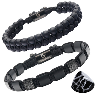 ENSEMBLE 2 PIÈCES - Bracelet double perle et bracelet plat en ONYX NOIR