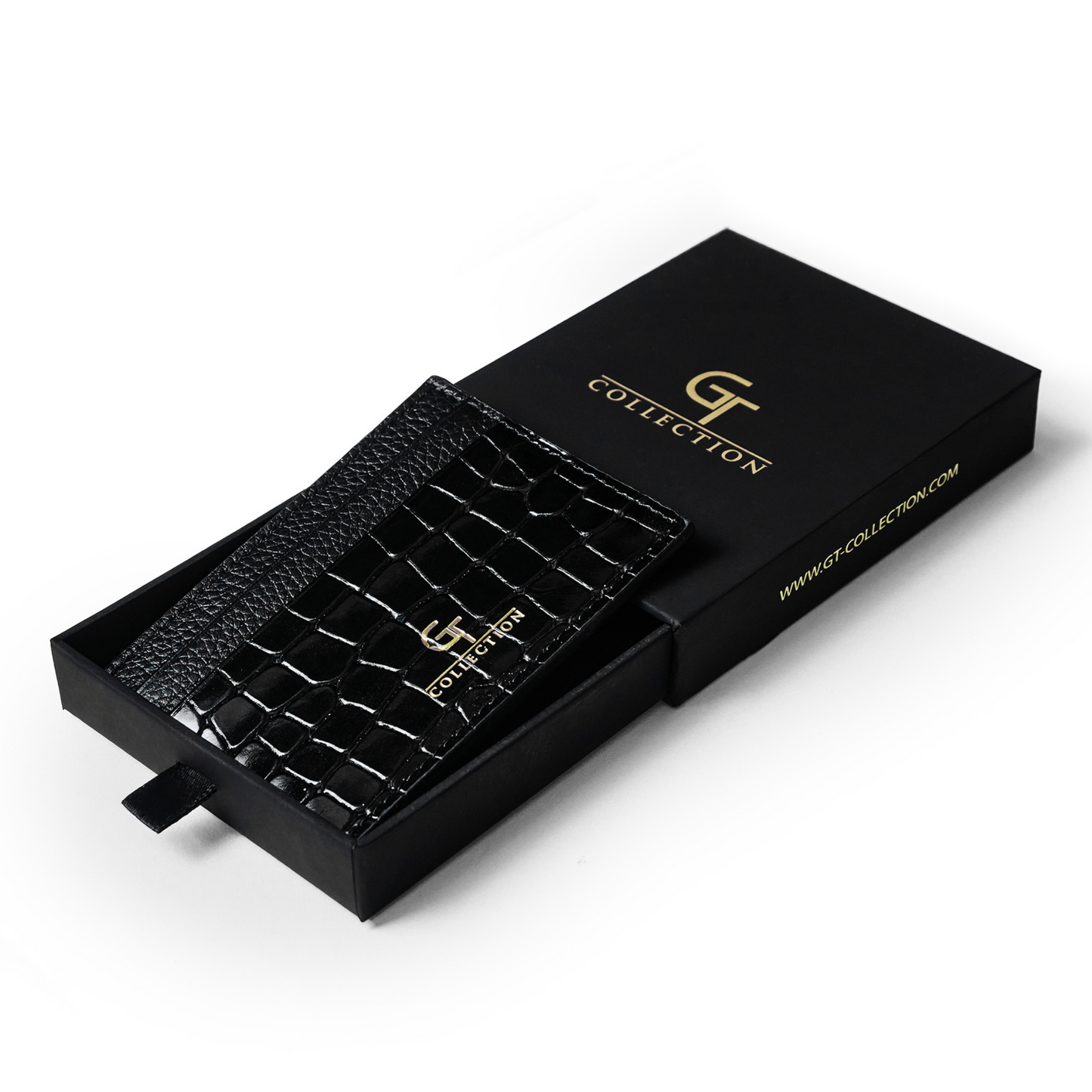Męski błyszczący wizytownik ze wzorem krokodyla - Czarna skóra naturalna