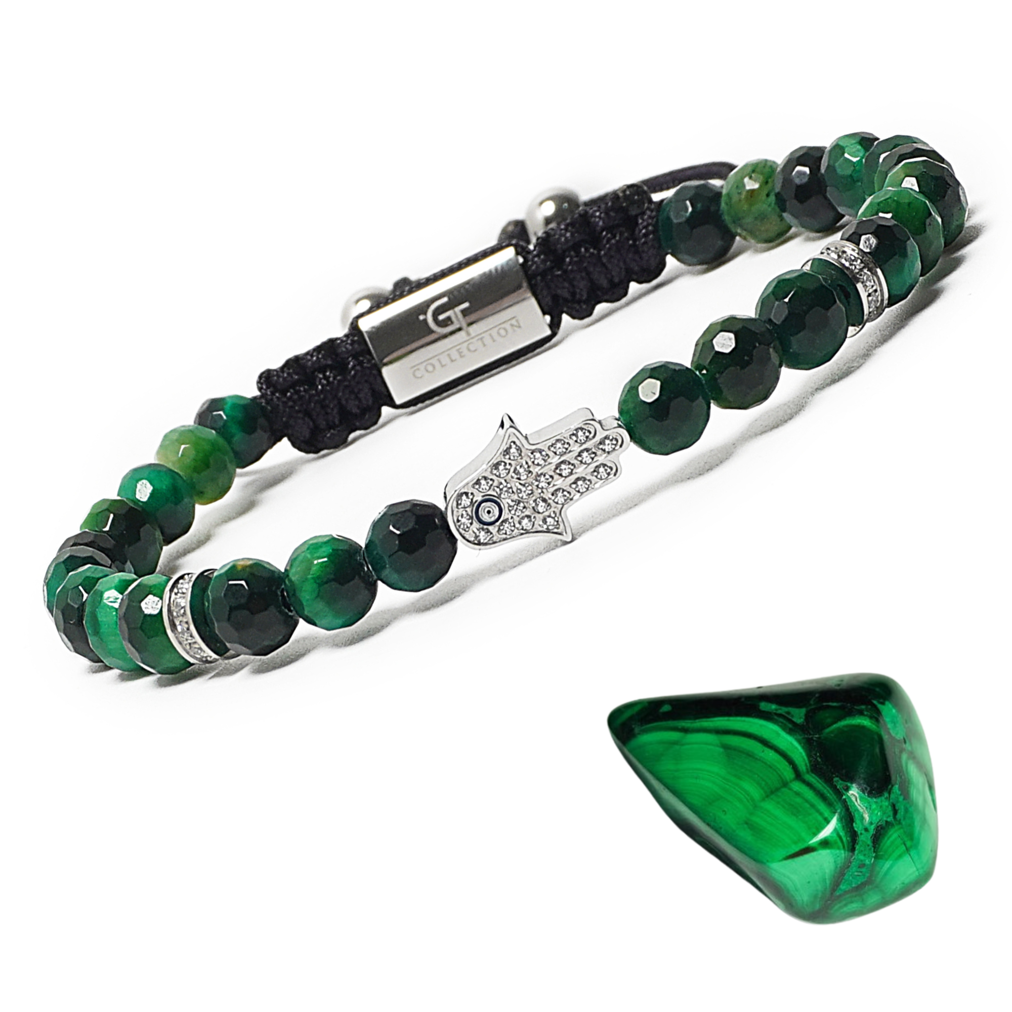 Men's GREEN TIGER EYE Bracelet with Silver HAMSA Hand – GT collection