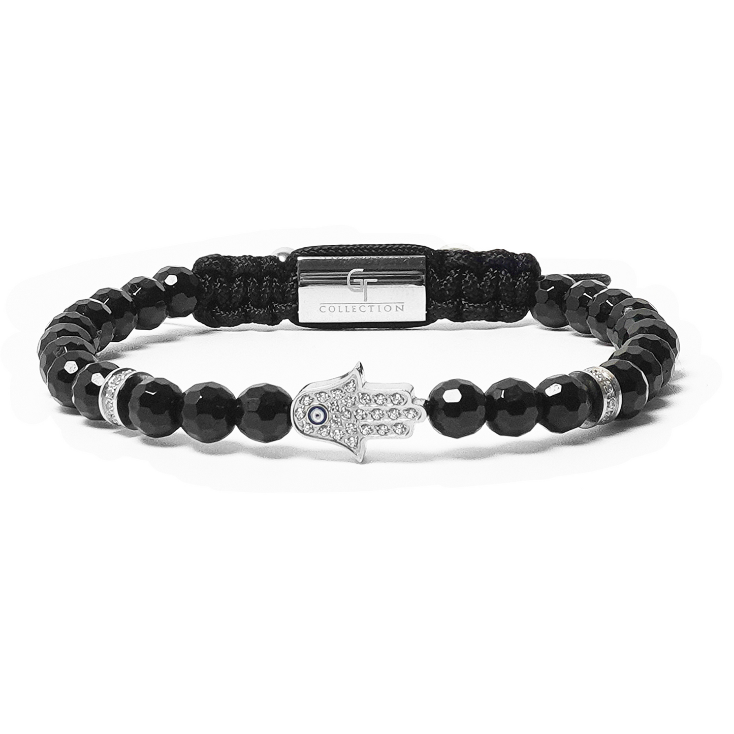 Herrenarmband aus schwarzem Onyx mit silberner Hamsa-Hand