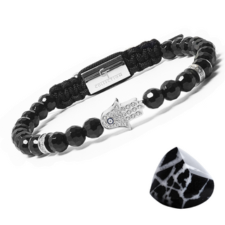 Bracelet homme en onyx noir avec main de Fatma en argent