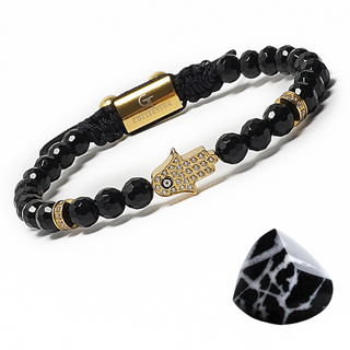 Bracelet homme en onyx noir avec main de Fatma dorée
