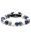 Beaded bracelet viewed straight-on with blue and white round stones on black cord