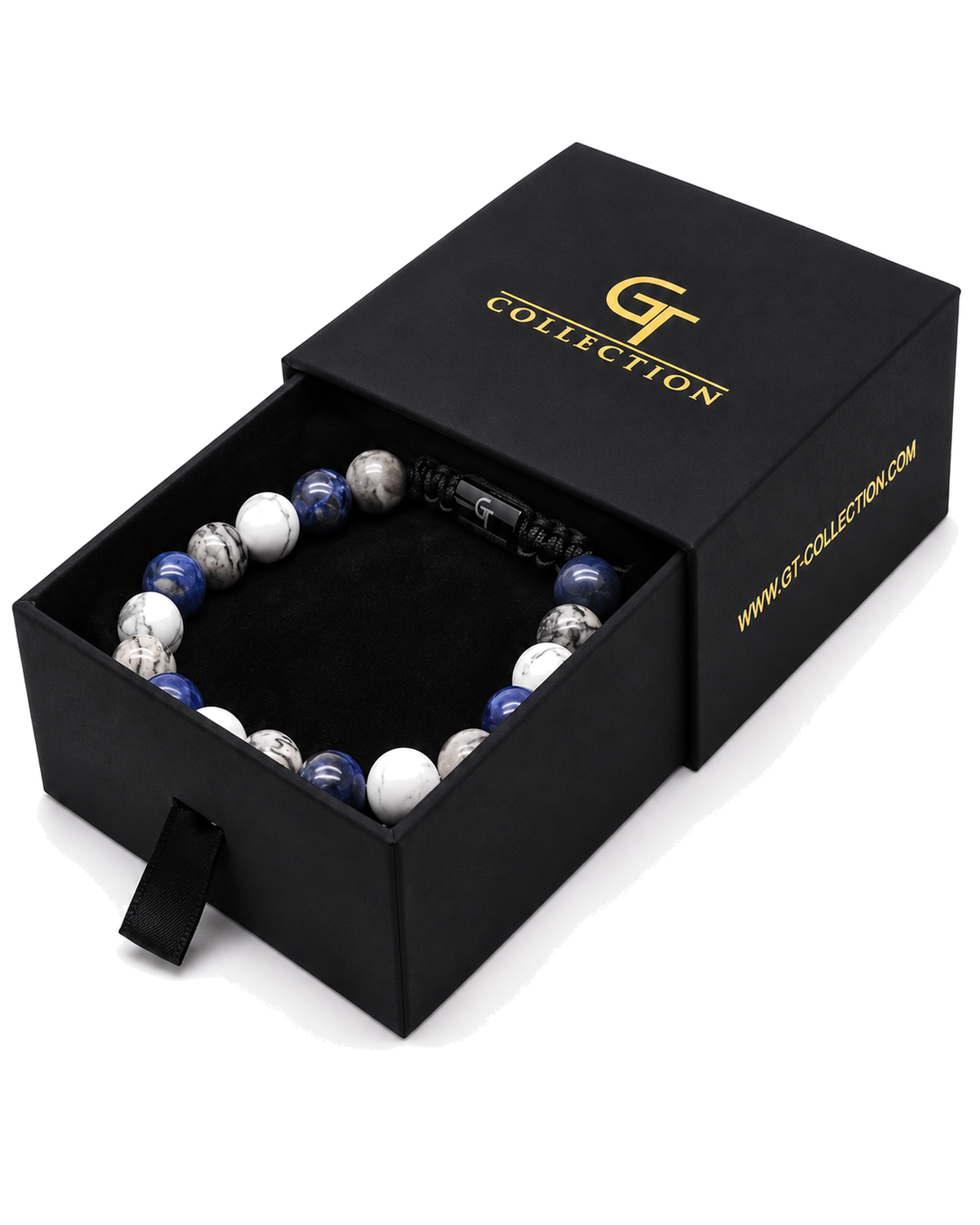 Beaded bracelet in a black gift box, showing blue and white stones on black cord