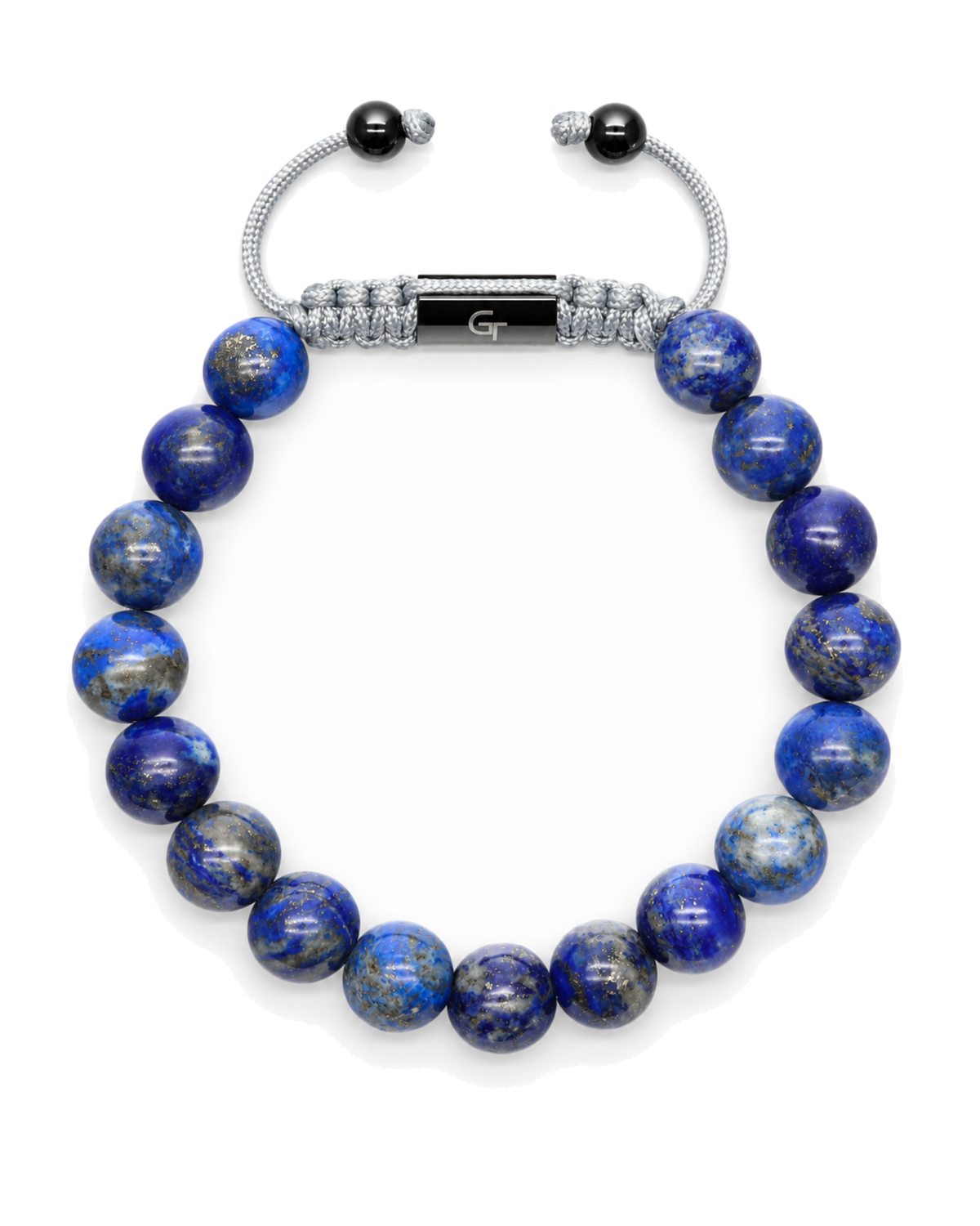 Lapis lazuli round-bead single-row bracelet with gray macrame and silver-tone beads