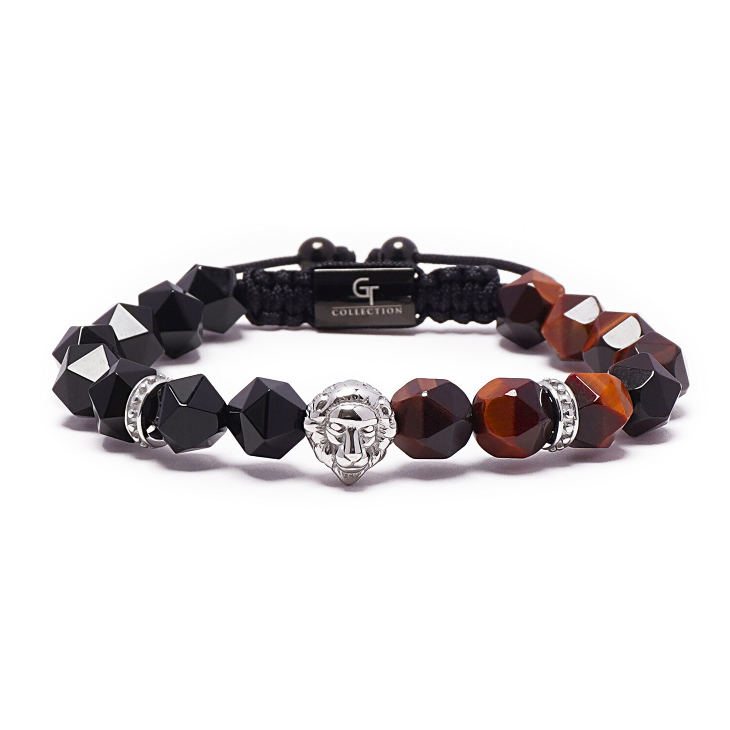 Bracelet homme œil de tigre rouge, onyx et tête de lion en argent