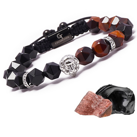 Bracelet homme œil de tigre rouge, onyx et tête de lion en argent