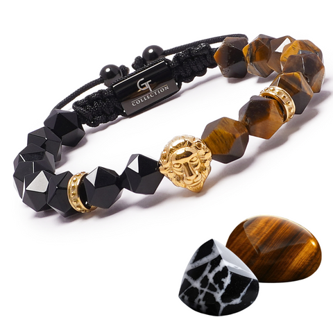 Bracelet homme œil de tigre, onyx et tête de lion doré
