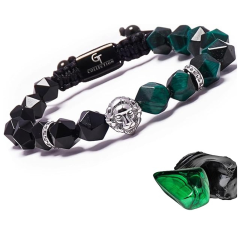 Bracelet homme œil de tigre vert, onyx et tête de lion en argent