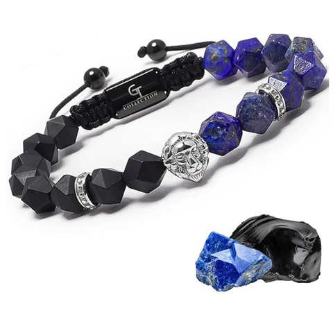 Bracelet homme en lapis, onyx et tête de lion en argent