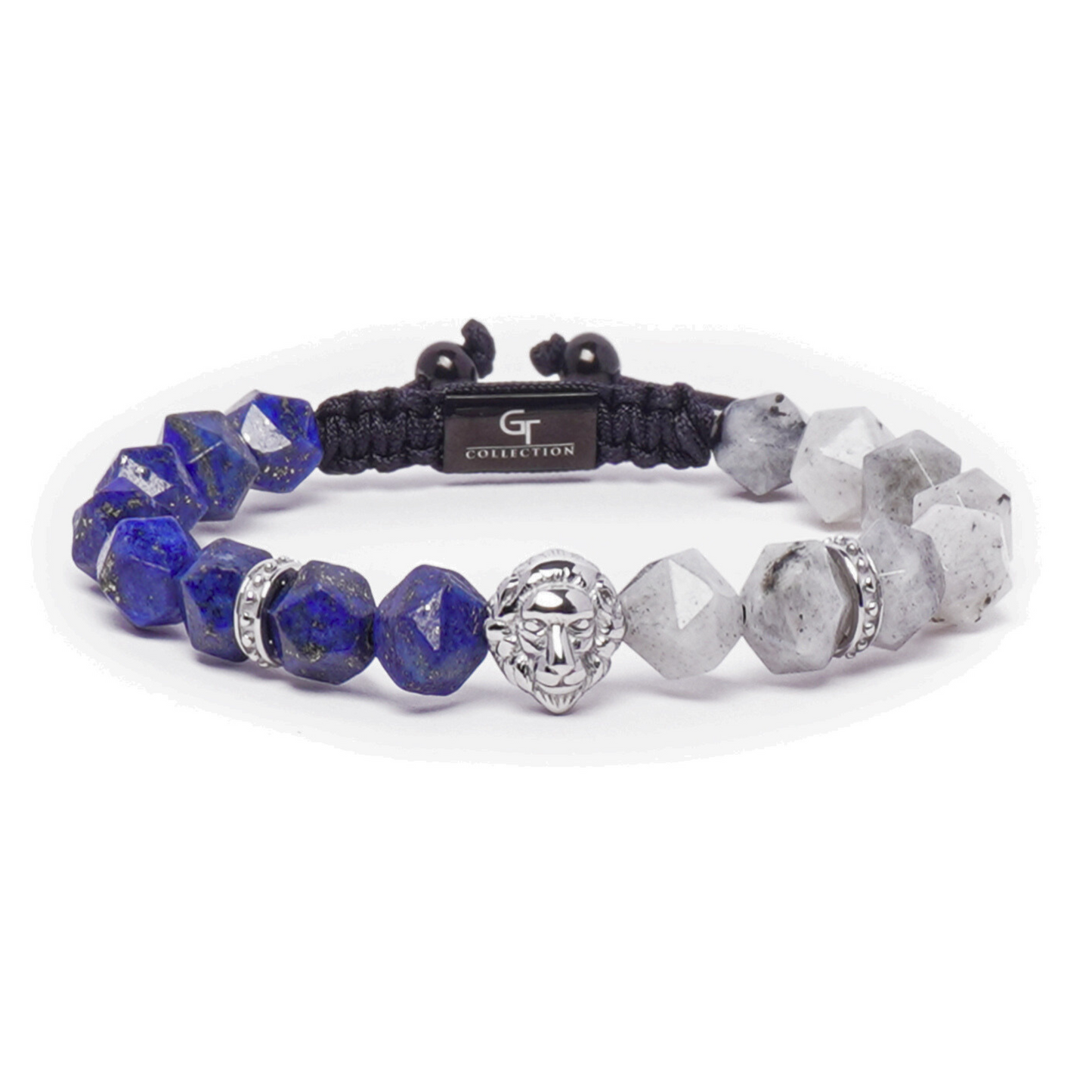 Pulsera de hombre de lapislázuli y labradorita con cabeza de león de plata