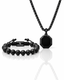 Black onyx beaded bracelet and hexagonal pendant necklace set with chain
