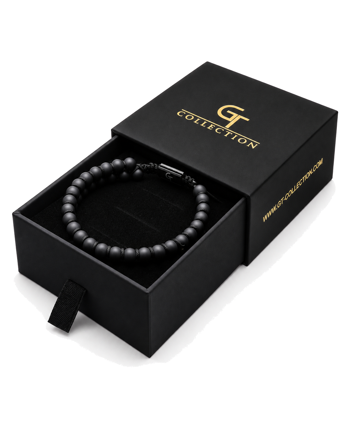 Black bead bracelet in black G Collection gift box with gold logo on lid