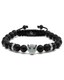 Black onyx bead bracelet with silver leopard charm and green stone, adjustable cord