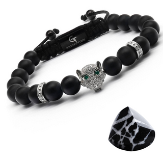 Bracelet NOIR ONYX pour hommes avec tête de LÉOPARD argenté