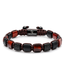 Beaded bracelet with red, black, and dark silver beads, center logo plate, braided cord