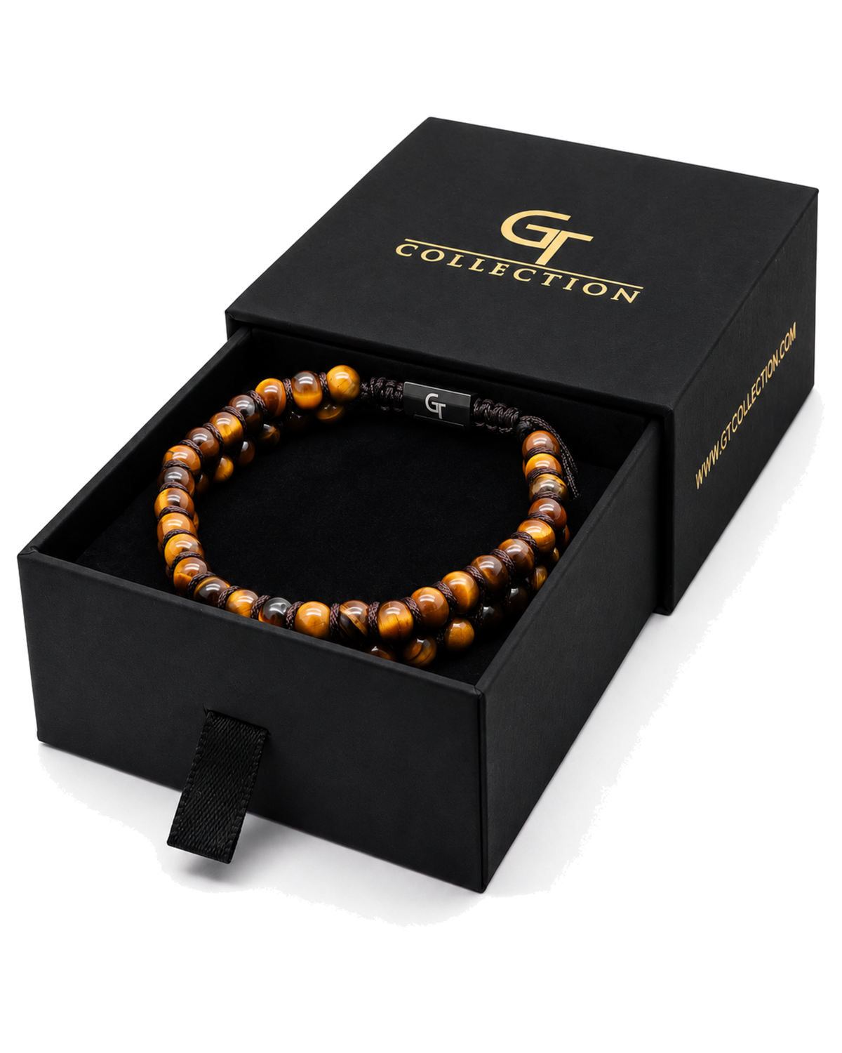 Tiger eye bead bracelet with dark cord and black G Collection plate
