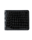 Black croc-embossed leather wallet back, glossy scale pattern with edge stitching.