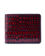 Red croc-embossed leather wallet front with contrast stitching and structured top edge.