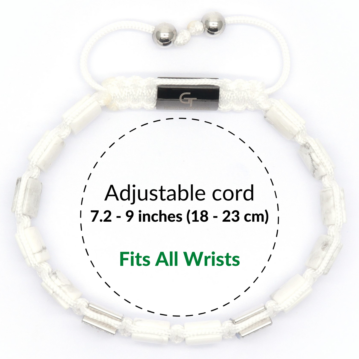Adjustable white cord Howlite bead bracelet with black logo clasp and small silver beads