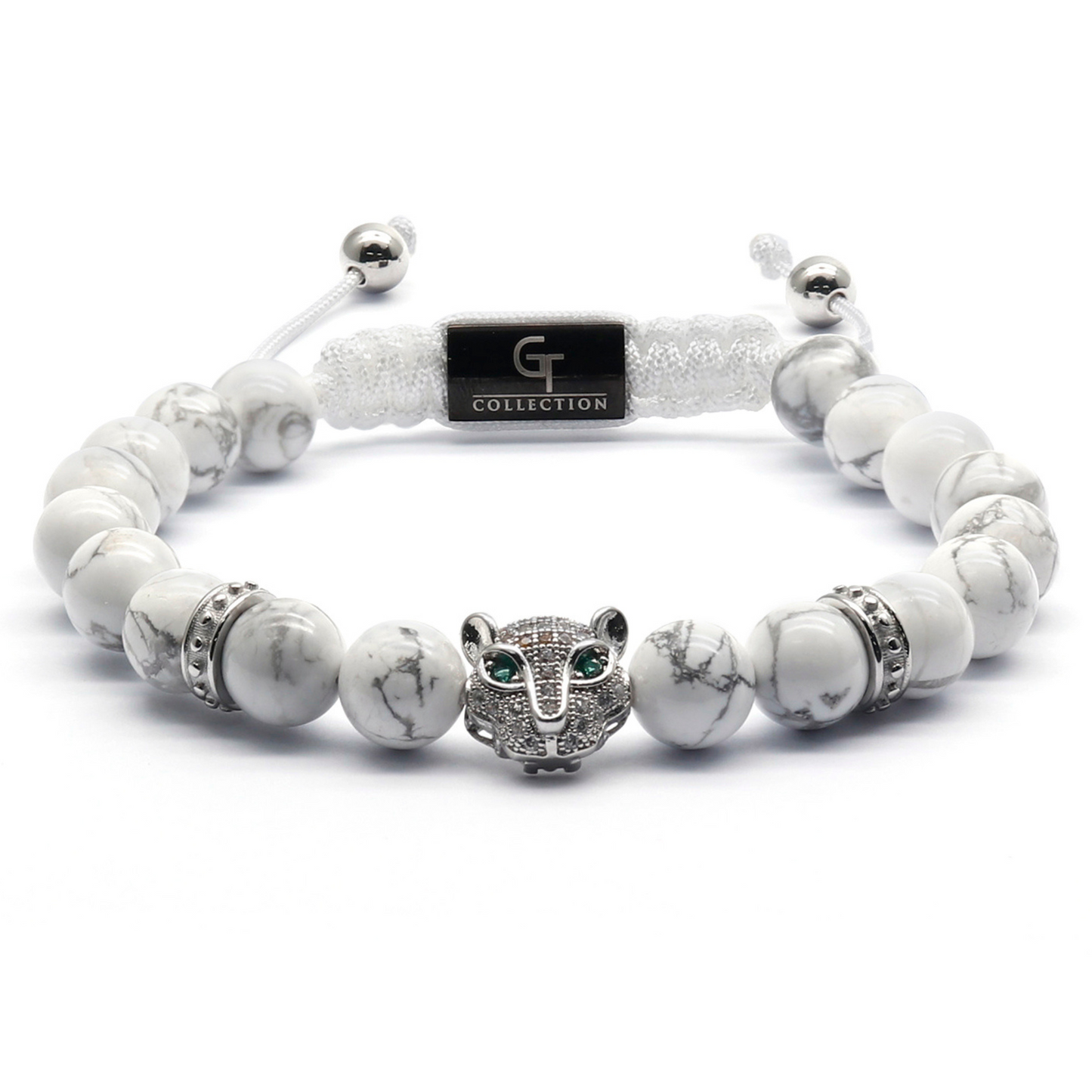 Pulsera HOWLITE BLANCA para hombre con cabeza de LEOPARDO plateada