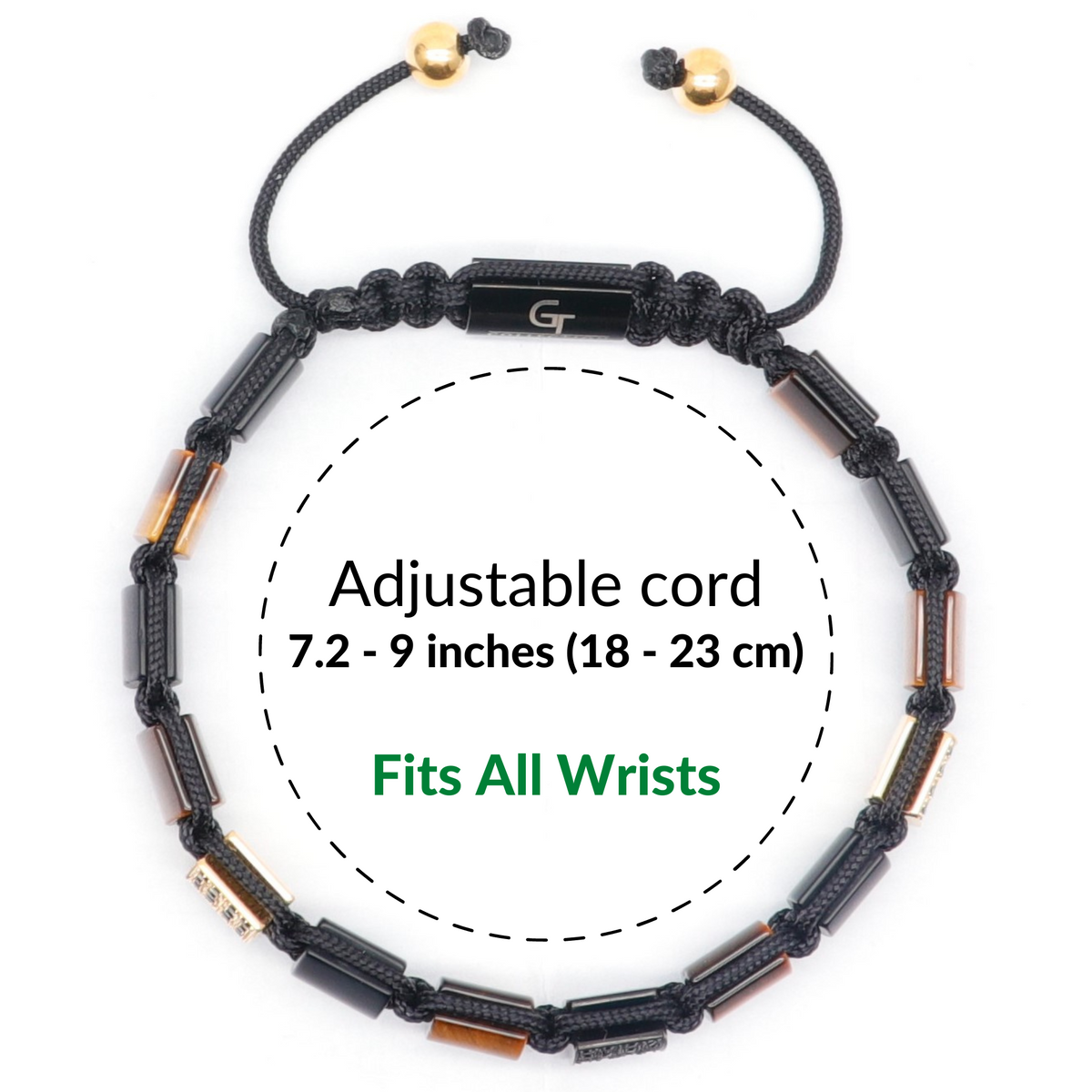Black cord bracelet set with tiger eye bead segments and gold toggle charms