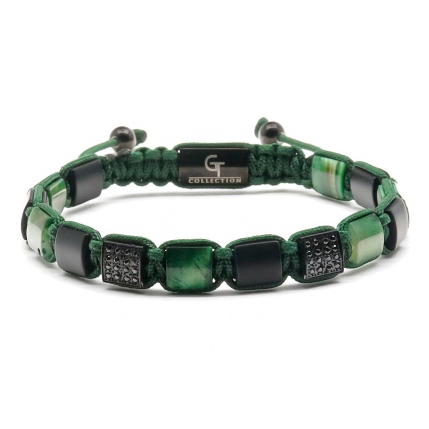 Bracelet - GREEN TIGER EYE, MATTE ONYX Flatbead Bracelet For Men - Green & Black Stones