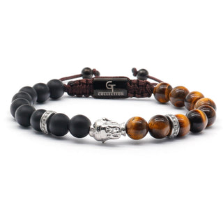 Bracelet homme en perles de Bouddha en argent avec OEIL DE TIGRE et pierre ONYX - Taille unique