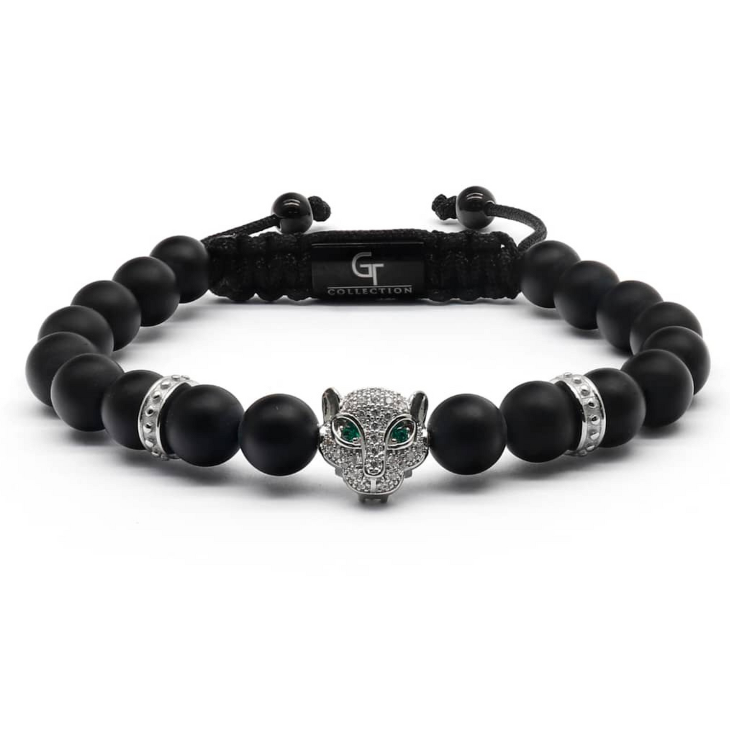 Bracciale da uomo in ONICE NERO con testa LEOPARDO in argento