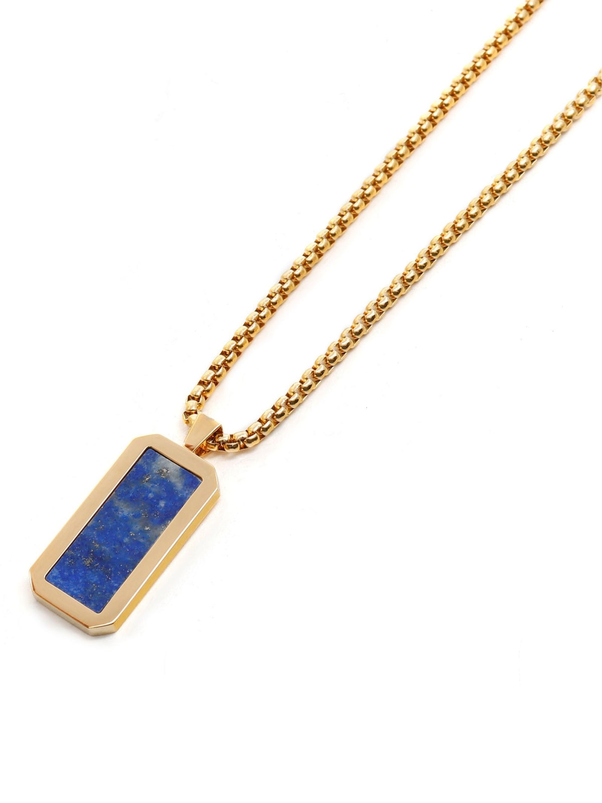 Gold chain necklace with blue rectangle lapis pendant and link chain