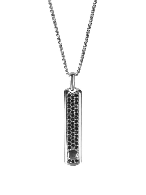 Silver pendant necklace with black stone studded bar and link chain