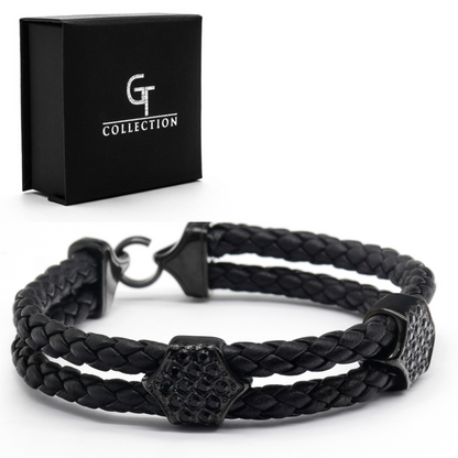Black Leather Bracelet with Zircon Diamond