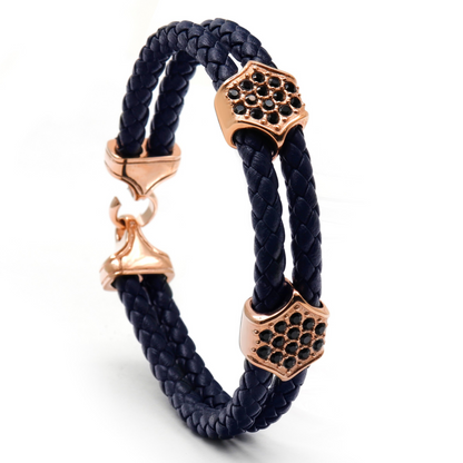 Blue Leather Bracelet with Zircon Diamond