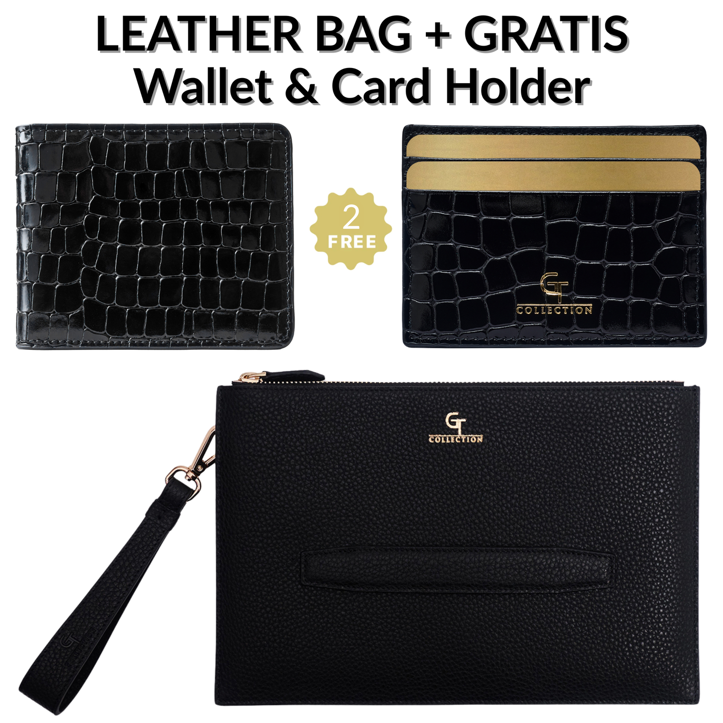 Men's Black Leather HANDBAG + Free Leather WALLET & CARD HOLDER - Gift Set