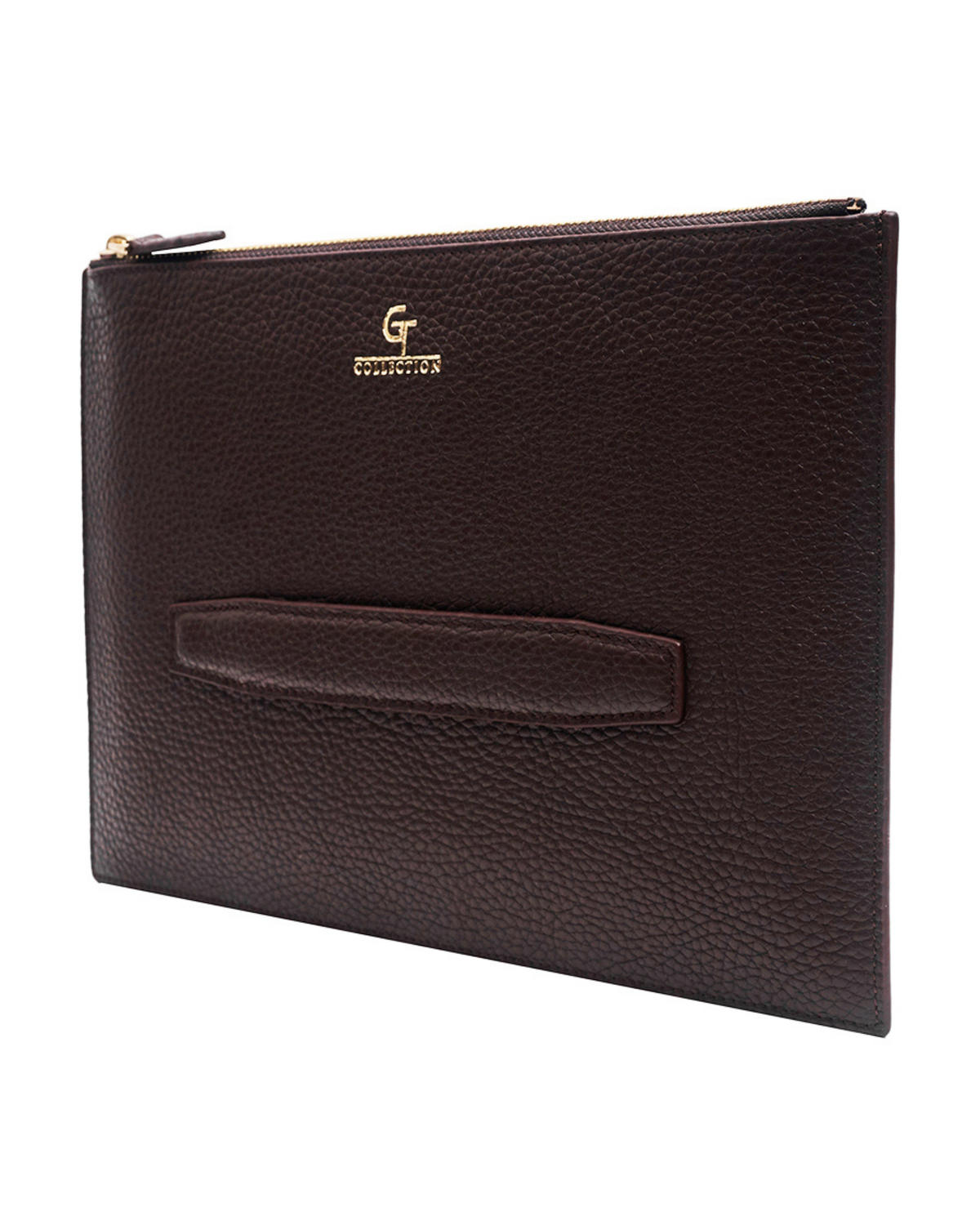 Brown leather pouch with front tab, gold logo, and top zipper