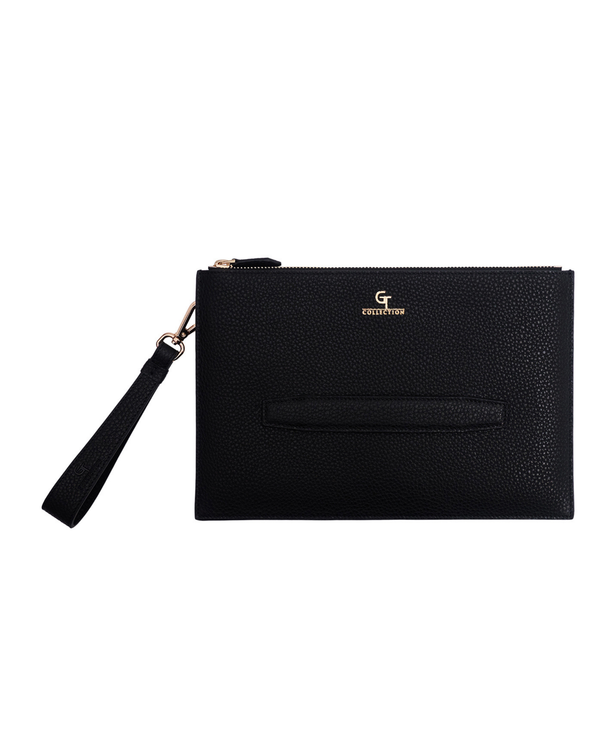 Black leather pouch with gold-tone logo and wrist strap
