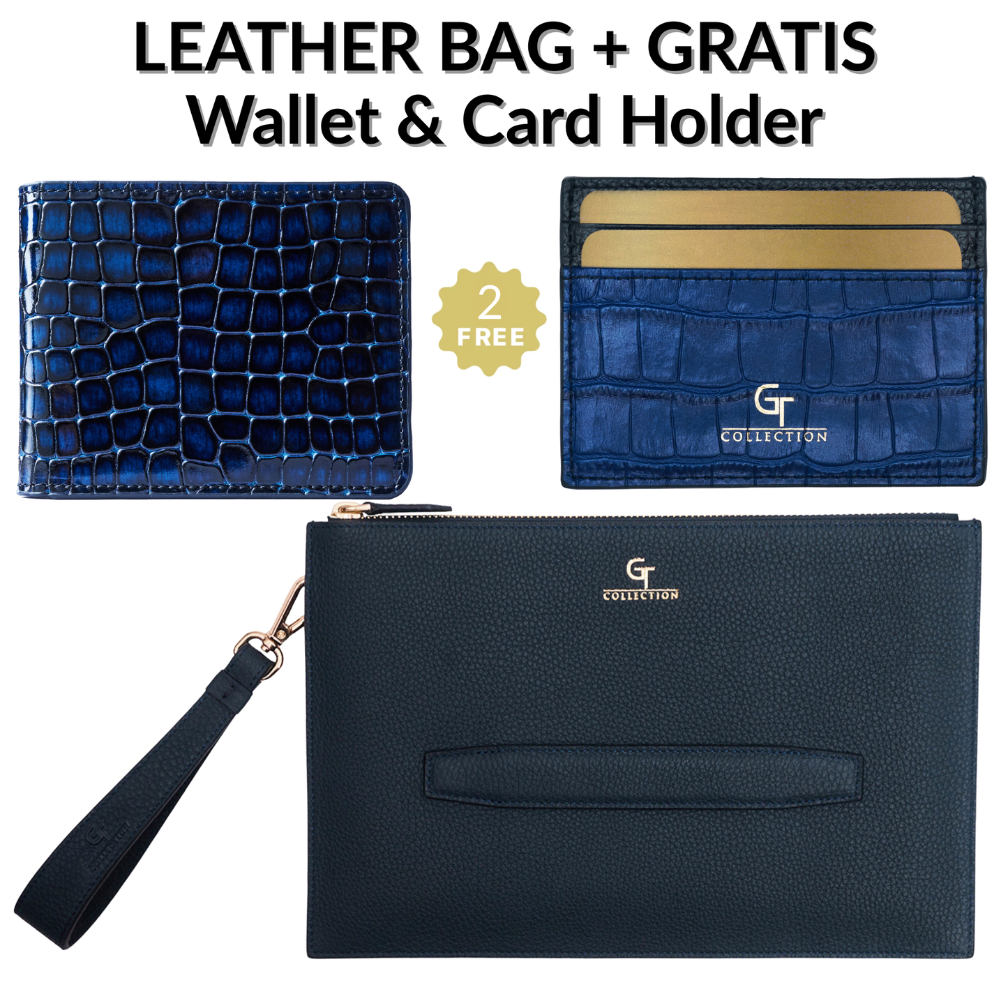 Men's Blue Leather HANDBAG + Free Leather WALLET & CARD HOLDER - Gift Set