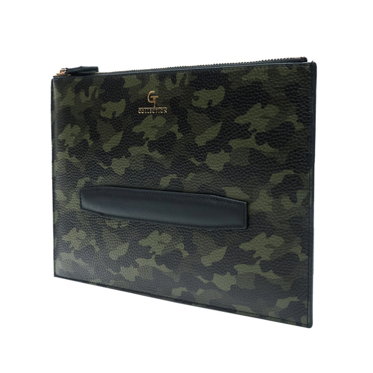 Herren-Lederhandtasche – Grünes Camouflage mit goldenen Details