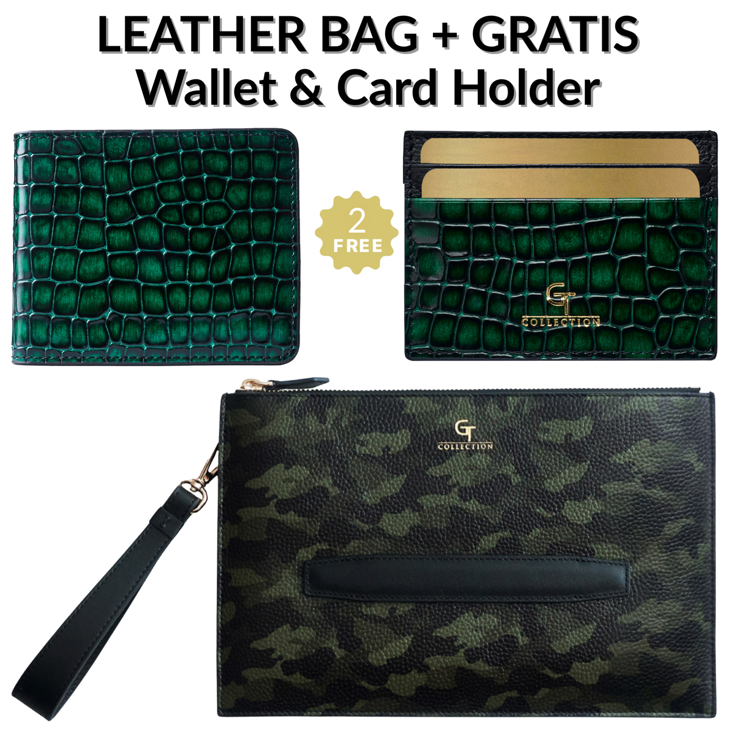Men's Green Leather HANDBAG + Free Leather WALLET & CARD HOLDER - Gift Set