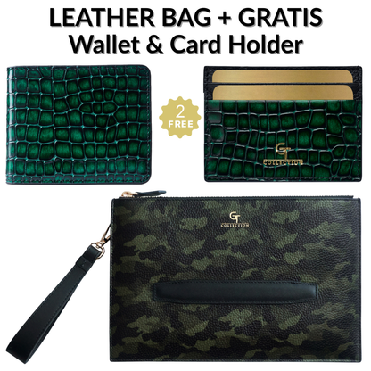 Men's Green Leather HANDBAG + Free Leather WALLET & CARD HOLDER - Gift Set
