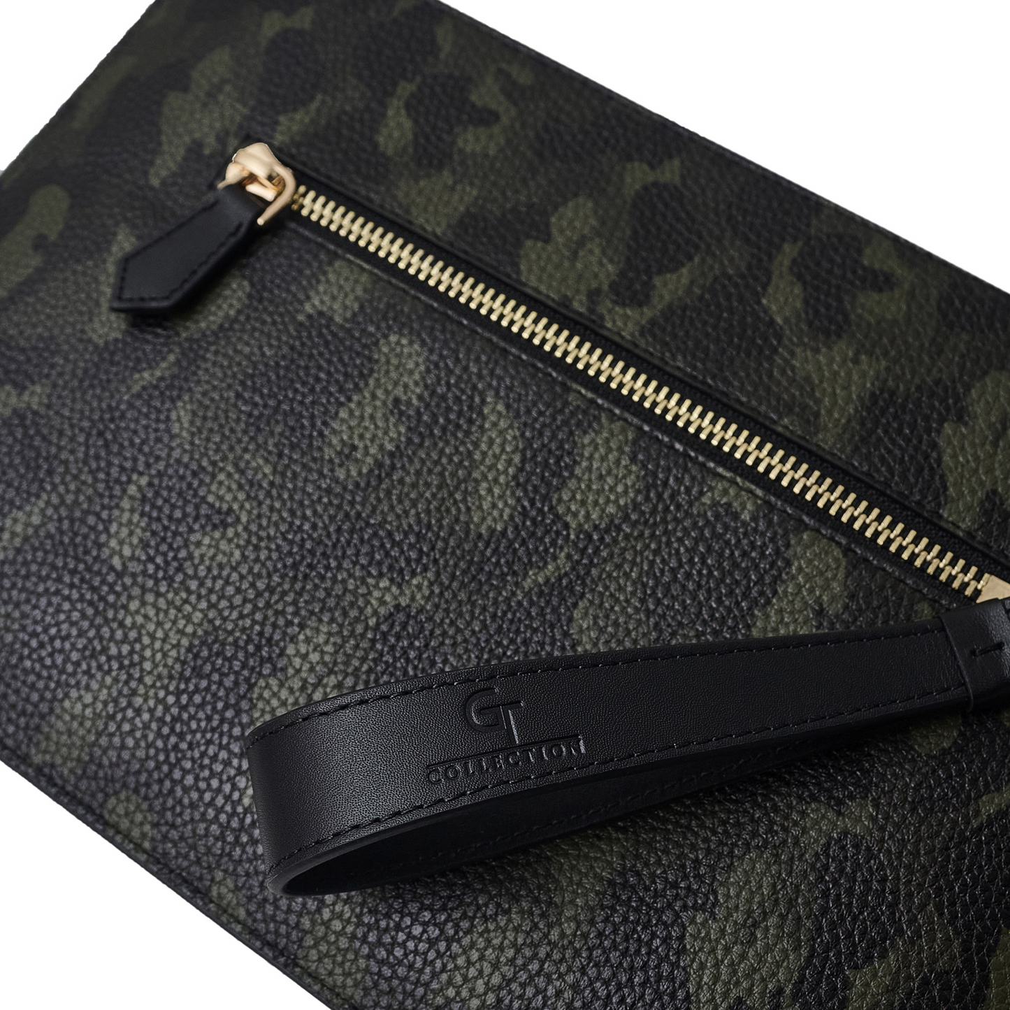 Herren-Lederhandtasche – Grünes Camouflage mit goldenen Details