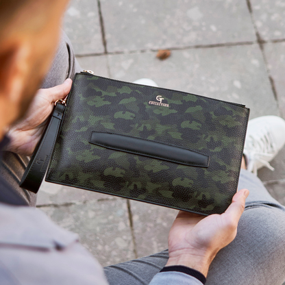 Heren leren handtas - Groene camouflage met gouden details