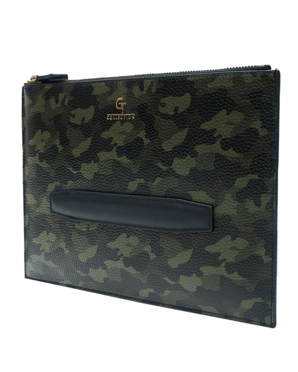 Camouflage leather pouch with front leather pocket detail and gold-tone logo