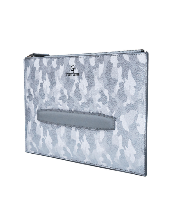 Silver-gray camouflage leather pouch with zip closure and centered logo