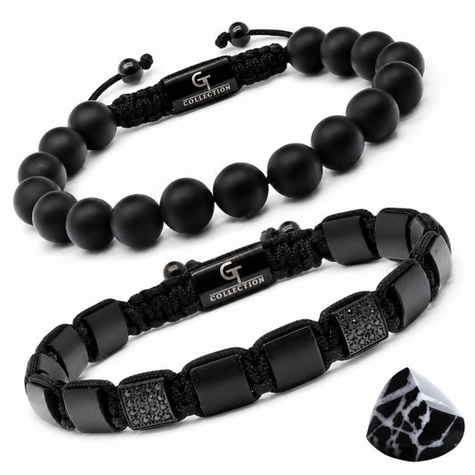 2-TEILIGES SET - SCHWARZES ONYX-Einzelperlenarmband und Flachperlenarmband
