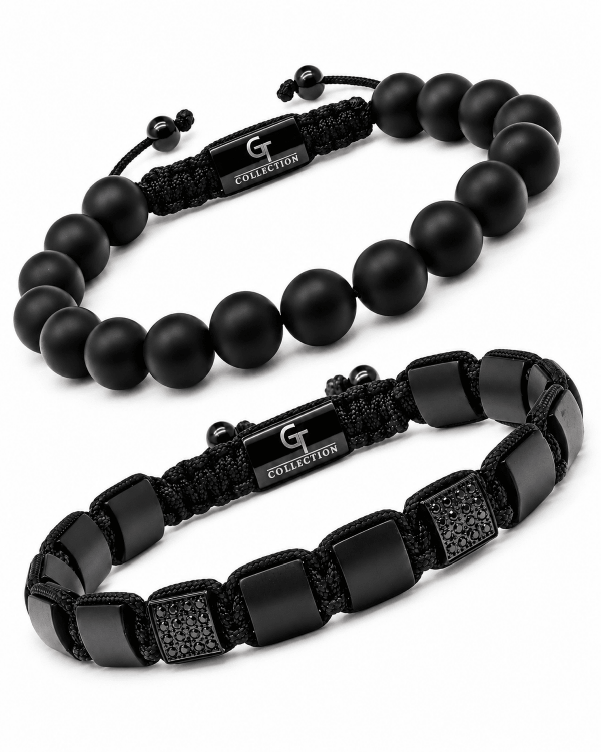 Black onyx bead bracelets set with black cord, spacers, and logo tags Imagen principal del producto