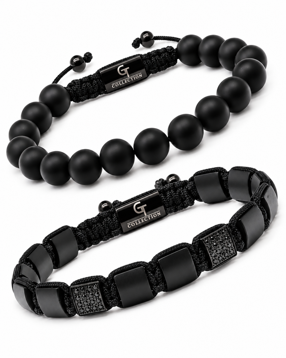 Black onyx bead bracelets set with black cord, spacers, and logo tags
