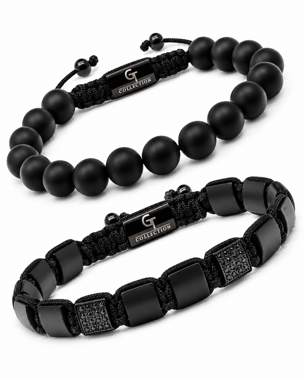 Black onyx bead bracelets set with black cord, spacers, and logo tags